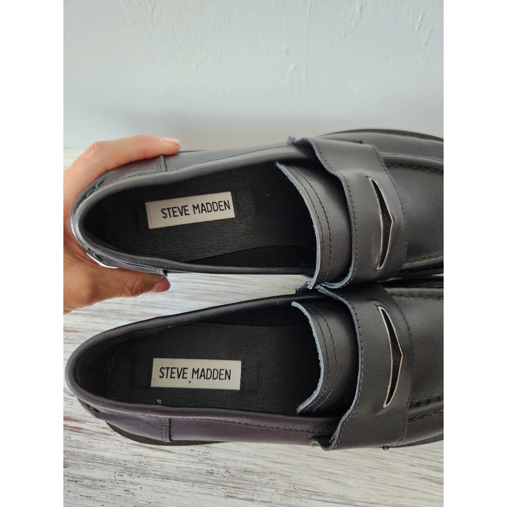 STEVE MADDEN Lawrence Black Leather Slip On Loafers Women's Shoes Size 8M - Picture 7 of 11